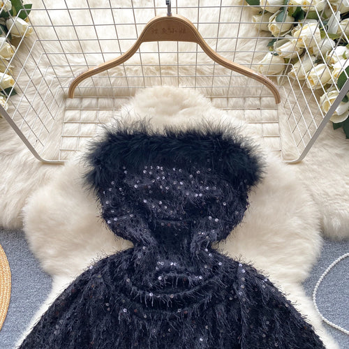 Load image into Gallery viewer, Black Sequin Plush Slim Mini Dress Women Christmas New Year Party Luxury Celebrity Evening Strapless Dress Sexy Club Red Dresses
