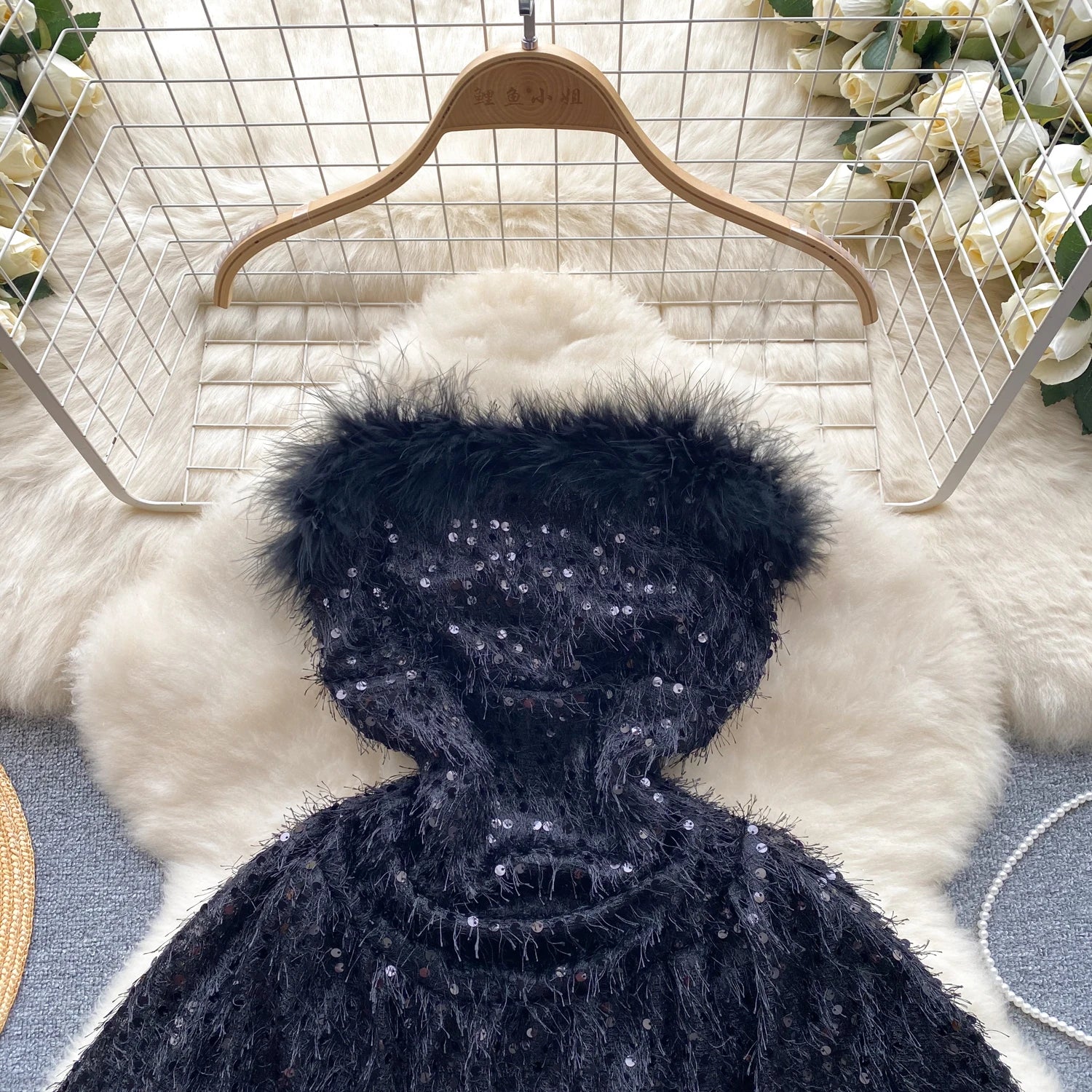 Black Sequin Plush Slim Mini Dress Women Christmas New Year Party Luxury Celebrity Evening Strapless Dress Sexy Club Red Dresses