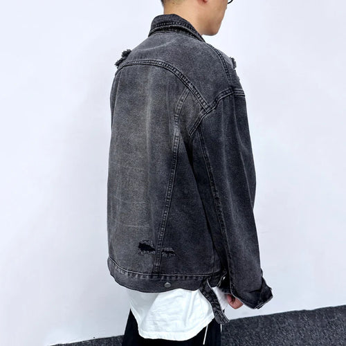 Load image into Gallery viewer, American Denim Jackets Holes Multi Pocket Lapel Solid Color Coats Button 2024 Single Breasted Tops Winter Loose Tide 9C8811
