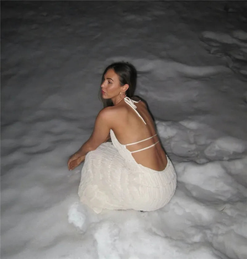 Halter Backless Sexy Maxi Dress For Women Spring Summer New Lace-up Sleeveless Pleated Beach Holiday Long Dress Elegant