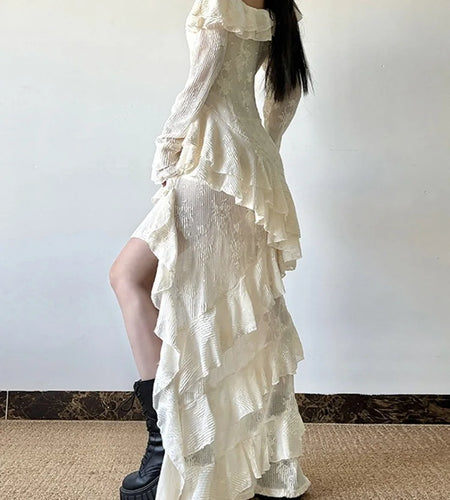 Women Apricot Ruffles Irregular Slim Elegant Long Dress New Diagonal Collar Long Sleeve Fashion Spring Autumn 2025 1DJ0523