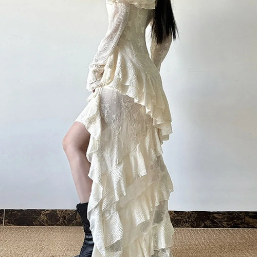 Load image into Gallery viewer, Women Apricot Ruffles Irregular Slim Elegant Long Dress New Diagonal Collar Long Sleeve Fashion Spring Autumn 2025 1DJ0523
