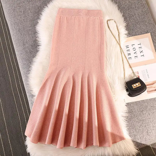 Load image into Gallery viewer, Autumn Winter Black Pleated Knit Fishtail Skirt Women 2023 Fashion Beige Bodycon Mermaid Midi Skirt Pink Elastic High Waist Slim
