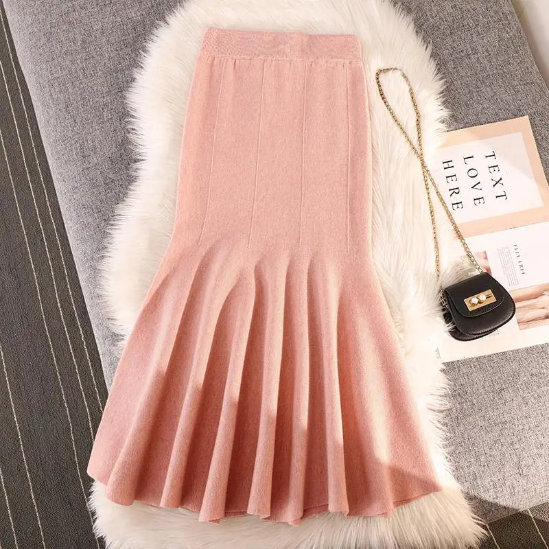 Autumn Winter Black Pleated Knit Fishtail Skirt Women 2023 Fashion Beige Bodycon Mermaid Midi Skirt Pink Elastic High Waist Slim