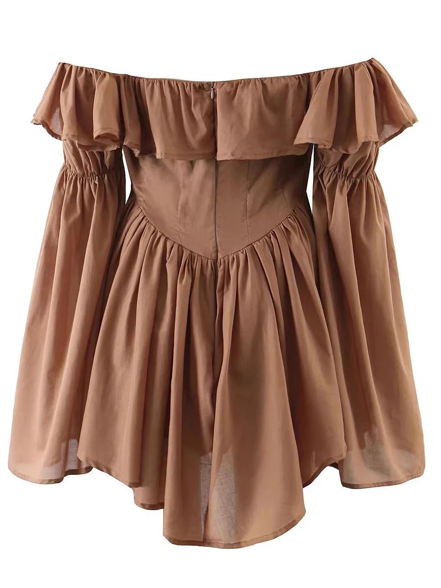 Slimming Spliced Ruffles Folds Fashion Dresses for Women Slash Neck Long Sleeves Patchwork Lace Up Dress Female New