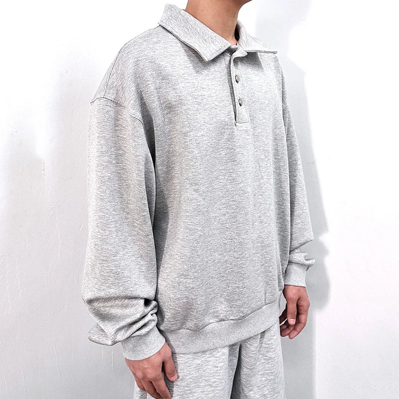 Men's Sweatshirts New Korean Style Semi Open Button Lapel Design Hoodless Trendy Male New Fashion Long Sleeve Top 9W1829