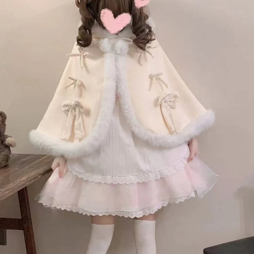 Load image into Gallery viewer, Kawaii Fur Patchwork Loose Sweet Hooded Cloak Coats Japanese Lolita Bandage Cete Jackets Y2k Aesthetic Grunge Bow Women Tops
