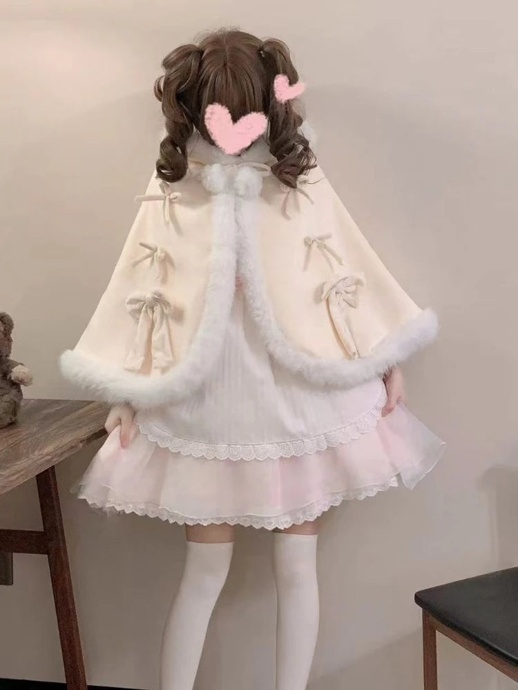 Kawaii Fur Patchwork Loose Sweet Hooded Cloak Coats Japanese Lolita Bandage Cete Jackets Y2k Aesthetic Grunge Bow Women Tops