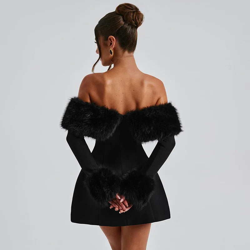 Feather Strapless Long Sleeve Sexy Mini Dress Women Fashion Off-shoulder Backless High Waist Club Party Dress Elegant