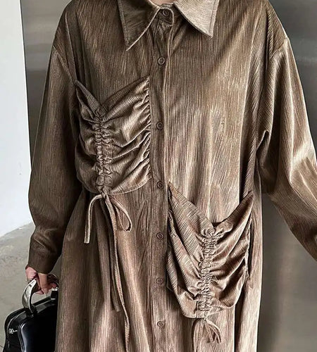 Women Khaki Drawstring Irregular Big Size Elegant Midi Dress New Long Sleeve Fashion Tide Spring Autumn 2025 1DH7270