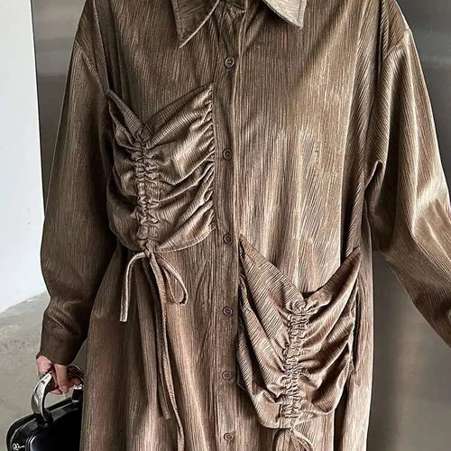 Load image into Gallery viewer, Women Khaki Drawstring Irregular Big Size Elegant Midi Dress New Long Sleeve Fashion Tide Spring Autumn 2025 1DH7270
