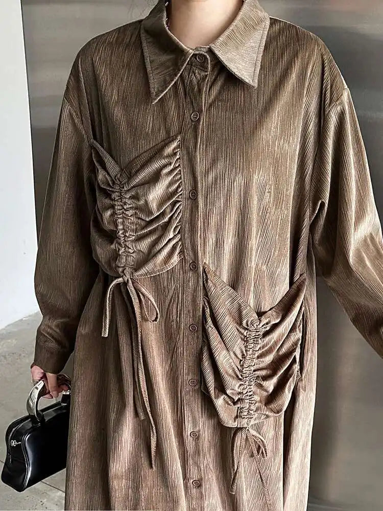 Women Khaki Drawstring Irregular Big Size Elegant Midi Dress New Long Sleeve Fashion Tide Spring Autumn 2025 1DH7270