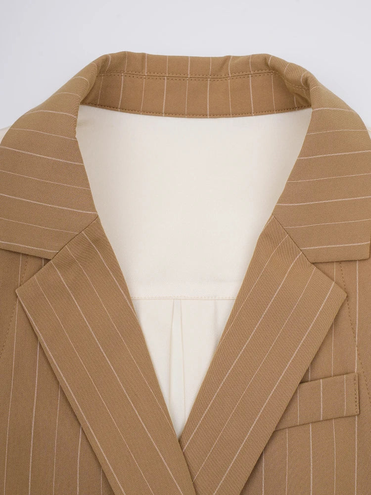 Women Khaki Striped Back Pleated Long Elegant Blazer New Lapel Long Sleeve Jacket Fashion Tide Spring Autumn 2025 CPDB201