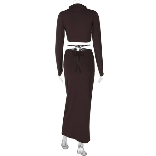 Load image into Gallery viewer, Sexy Skirt Two Pieces Sets For Women Long Sleeve Lace-up Crop Top And Long Skirt Elegant Bodycon Sexy Two Pieces Sets
