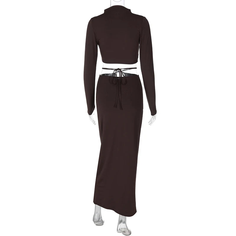 Sexy Skirt Two Pieces Sets For Women Long Sleeve Lace-up Crop Top And Long Skirt Elegant Bodycon Sexy Two Pieces Sets