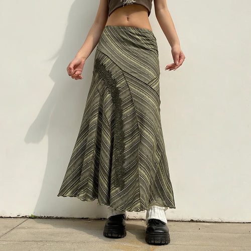 Load image into Gallery viewer, Fairycore Stripe Frill Elegant Maxi Skirt Women Embroidery Vintage Clothes Y2K Aesthetic Long Skirt Chic Boho Stitch
