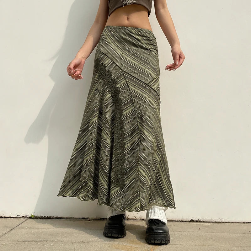 Fairycore Stripe Frill Elegant Maxi Skirt Women Embroidery Vintage Clothes Y2K Aesthetic Long Skirt Chic Boho Stitch