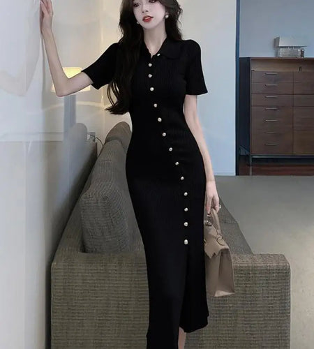 Korean Women's Black Temperament Knitted Office Lady Short Sleeve Dress Summer Beige Single Breasted Split Long Dress Simplicity