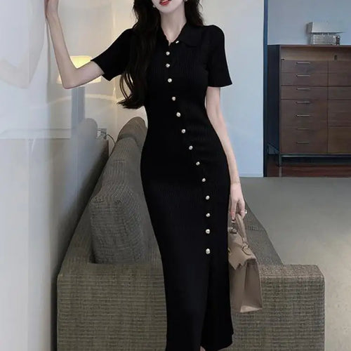 Load image into Gallery viewer, Korean Women's Black Temperament Knitted Office Lady Short Sleeve Dress Summer Beige Single Breasted Split Long Dress Simplicity
