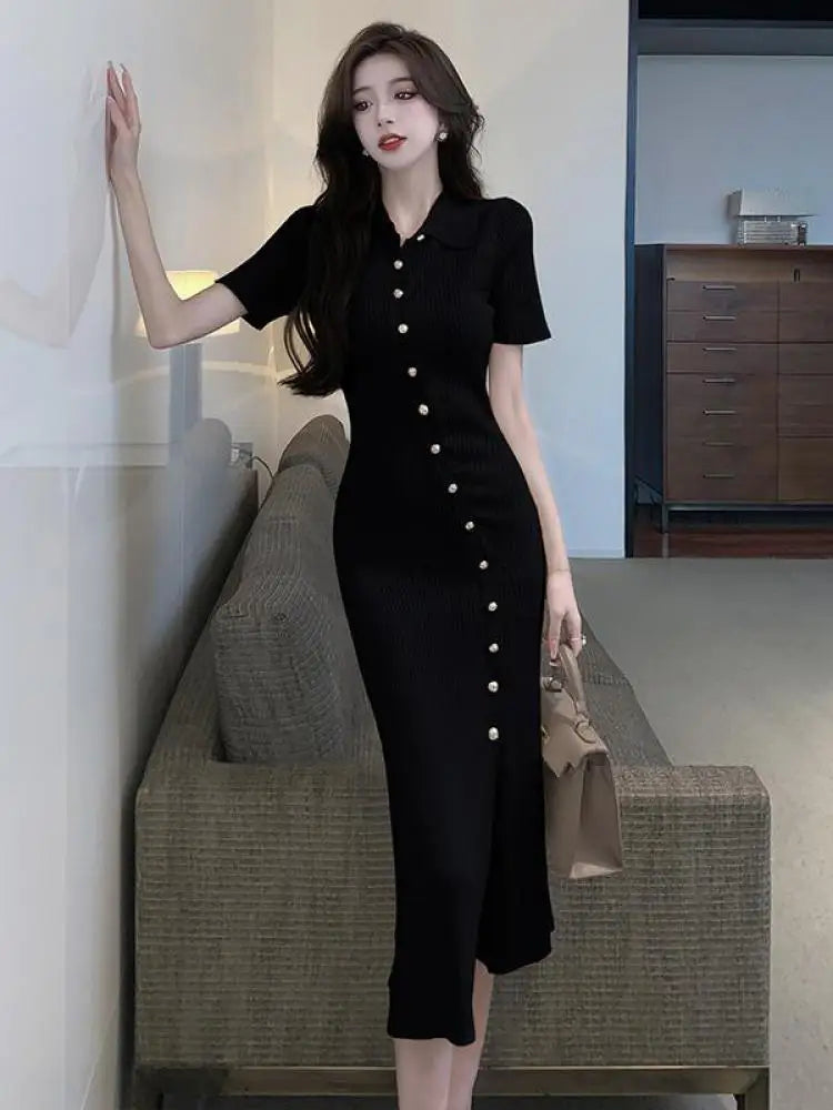 Korean Women's Black Temperament Knitted Office Lady Short Sleeve Dress Summer Beige Single Breasted Split Long Dress Simplicity