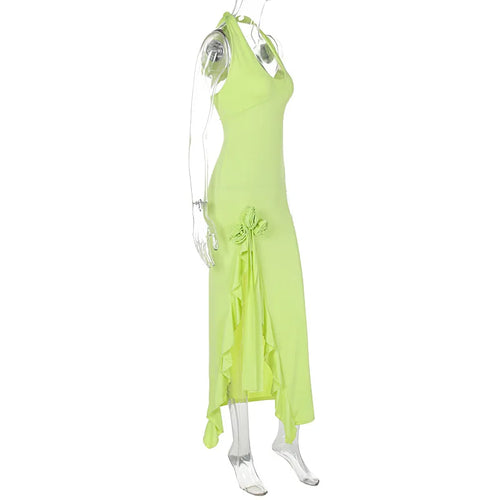 Load image into Gallery viewer, Flower Draped Split Long Dress For Women Fashion Halter Deep V Neck Sleeveless Backless Bodycon Club Party Long Dress
