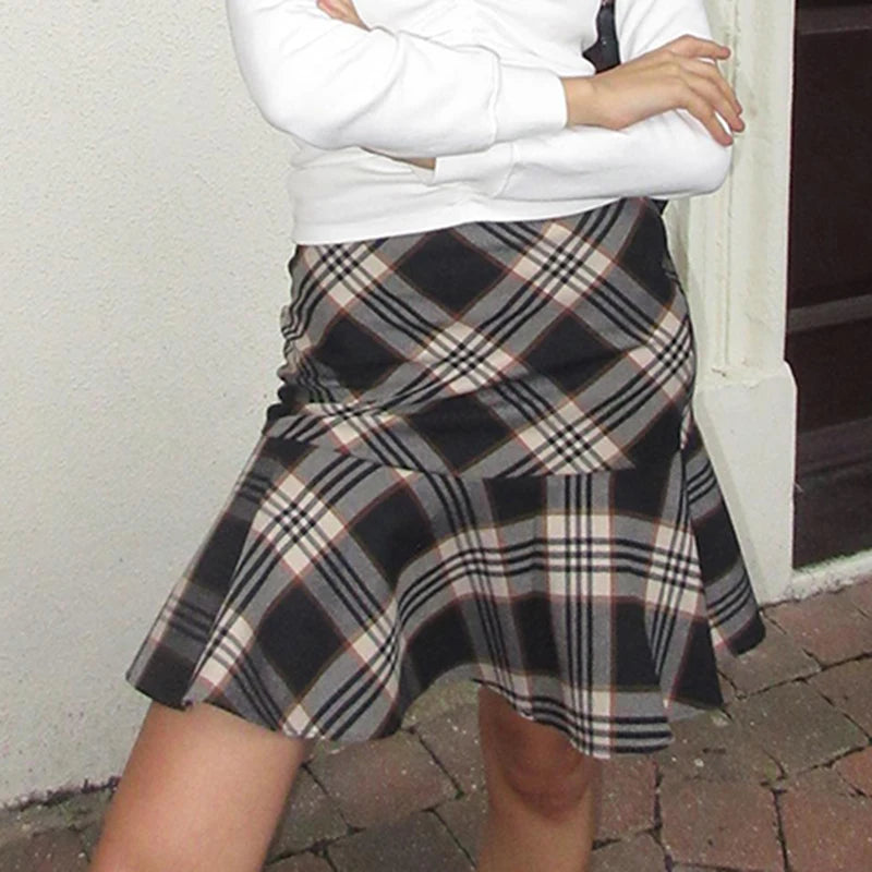 Harajuku Korean Y2K Aesthetic Plaid Skirt Women Preppy England Style A-Line Mini Skirts Ruffles Chic Checkered Bottom