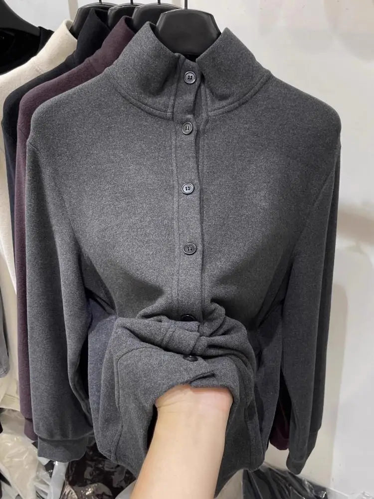 Autumn Winter Korean Fashion Solid Single Breasted Cardigan T Shirt Women Long Sleeved Tops 2024 Simplicity Versatile Clothing