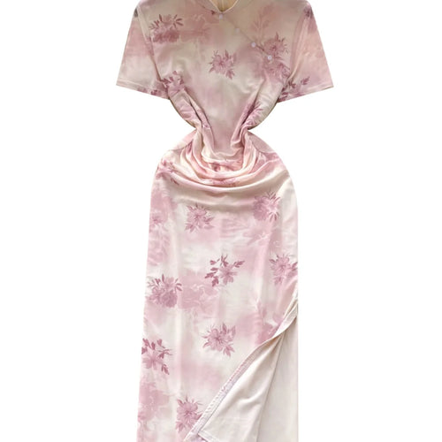 Load image into Gallery viewer, Chinese Style Women Pink Flower Elegant Cheongsam Evening Long Dress 2025 Summer New Short Sleeved Pleated Split Dress Bohemian
