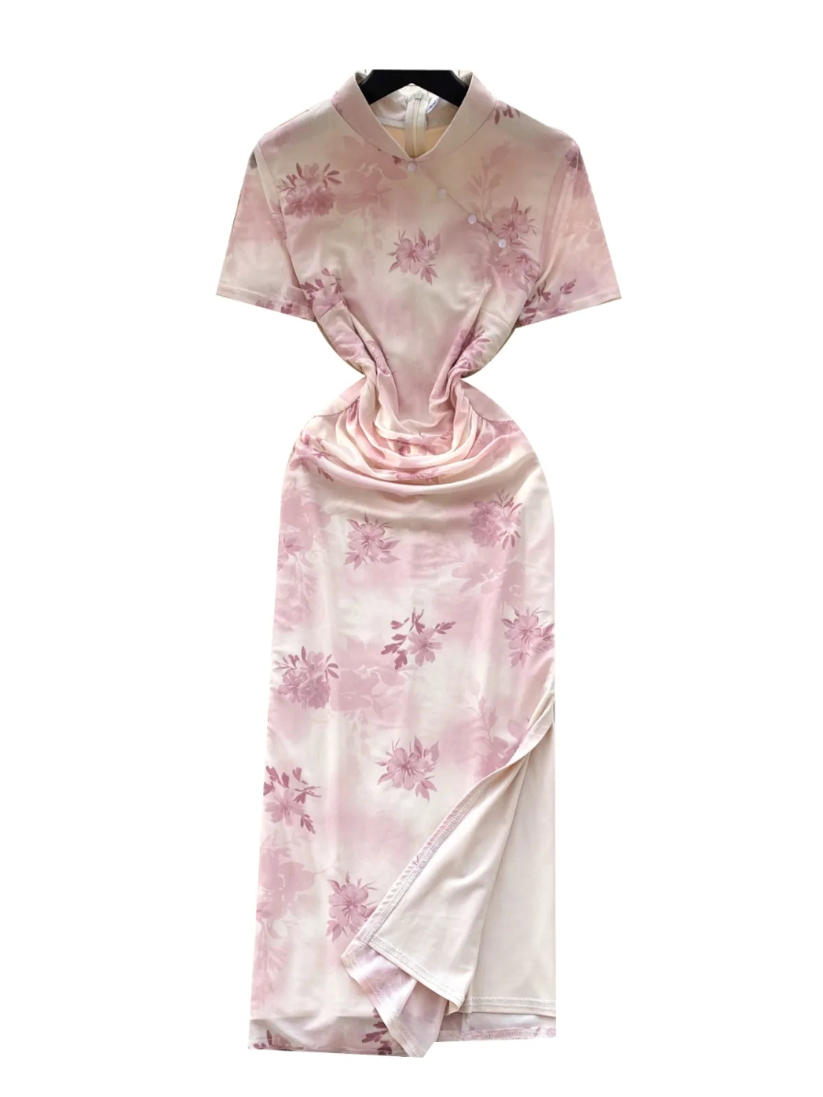 Chinese Style Women Pink Flower Elegant Cheongsam Evening Long Dress 2025 Summer New Short Sleeved Pleated Split Dress Bohemian