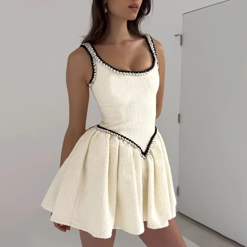 Sleeveless A-line Sexy Mini Dress For Women White Spaghetti Strap Sleeveless Backless Pleated Club Party Dress Clubwear