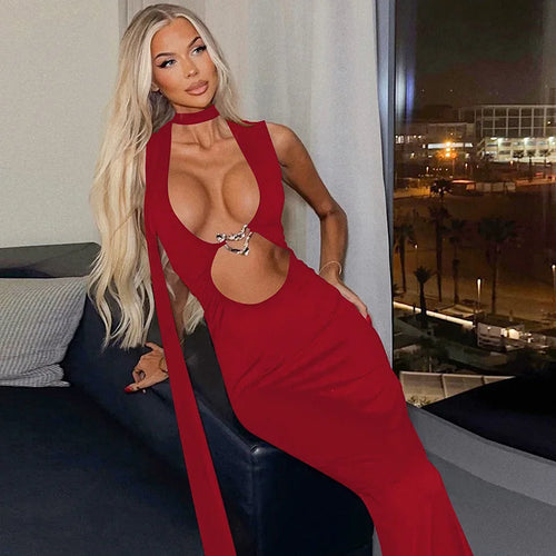 Load image into Gallery viewer, Hollow Out Halter Sexy Maxi Dress Women Summer New Metal Decoration Sleeveless Slim High Waist Long Dress Elegant
