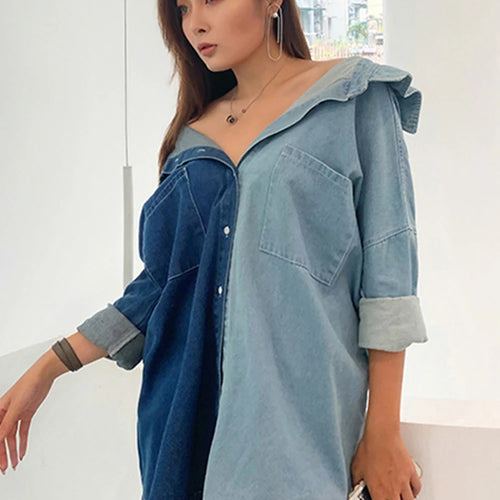 Load image into Gallery viewer, Casual Women&#39;s Denim Shirt Top Lapel Long Sleeve Colorblock Loose Blouses Korean Fashion Clothing Women Style
