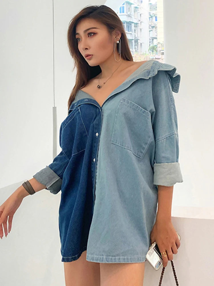 Casual Women's Denim Shirt Top Lapel Long Sleeve Colorblock Loose Blouses Korean Fashion Clothing Women Style