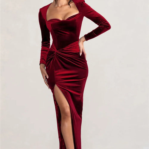 Load image into Gallery viewer, Square Collar Long Sleeve Sexy Maxi Dress For Women Velvet Fashion Ruched Split Bodycon Club Party Elegant Long Dress
