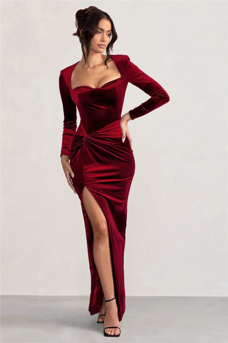 Square Collar Long Sleeve Sexy Maxi Dress For Women Velvet Fashion Ruched Split Bodycon Club Party Elegant Long Dress