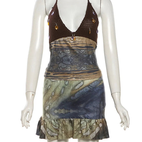 Load image into Gallery viewer, Vintage Women 2 Piece Set Knit Patchwork Diamond Tassels Halter Backless Tops+Ruffles Hem Skirts Vacation Clubwear
