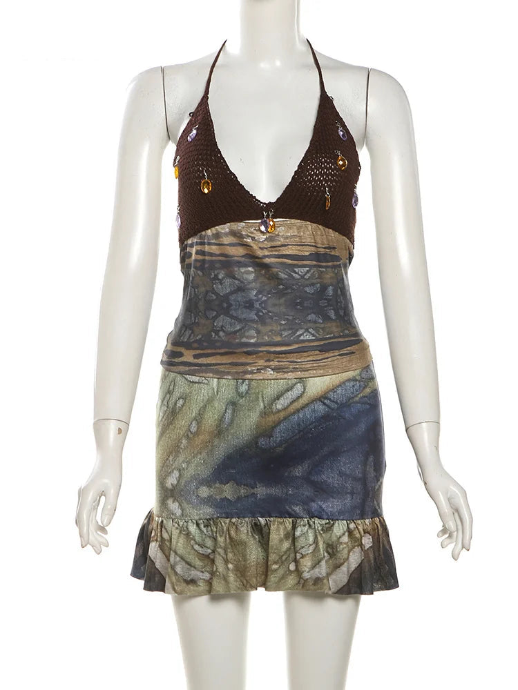 Vintage Women 2 Piece Set Knit Patchwork Diamond Tassels Halter Backless Tops+Ruffles Hem Skirts Vacation Clubwear