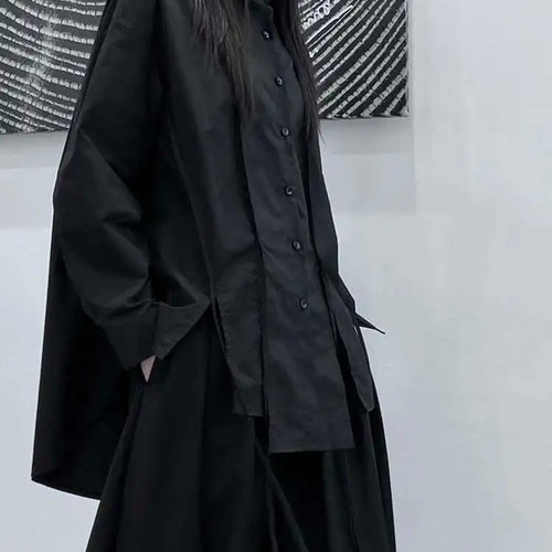 Load image into Gallery viewer, Women Black Irregular Slit Hem Big Size Casual Blouse New Lapel Long Sleeve Shirt Fashion Tide Spring Autumn 2025 1DH5095

