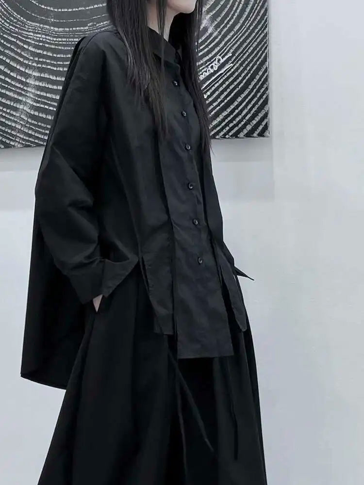 Women Black Irregular Slit Hem Big Size Casual Blouse New Lapel Long Sleeve Shirt Fashion Tide Spring Autumn 2025 1DH5095