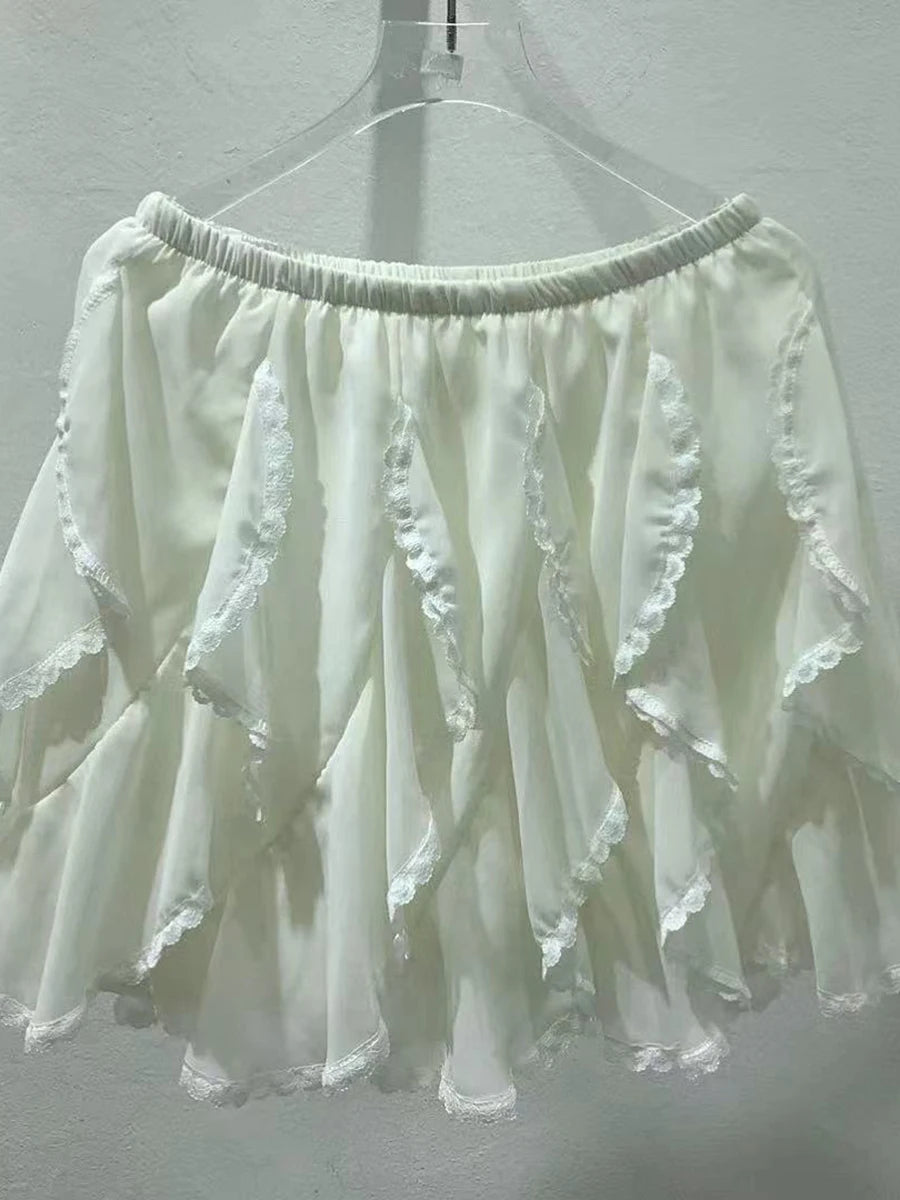 Solid Spliced Ruffles Loose Mini Skirt For Women High Waist Temperament Elegant Skirts Female Fashion Style Clothes