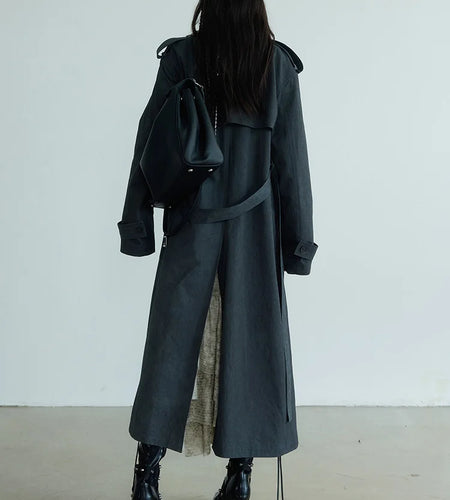 Women Gray Color-block Big Size Long Trench New Lapel Long Sleeve Windbreaker Fashion Tide Spring Autumn 2025 1DH7076