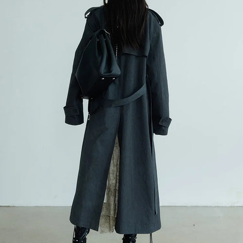 Load image into Gallery viewer, Women Gray Color-block Big Size Long Trench New Lapel Long Sleeve Windbreaker Fashion Tide Spring Autumn 2025 1DH7076
