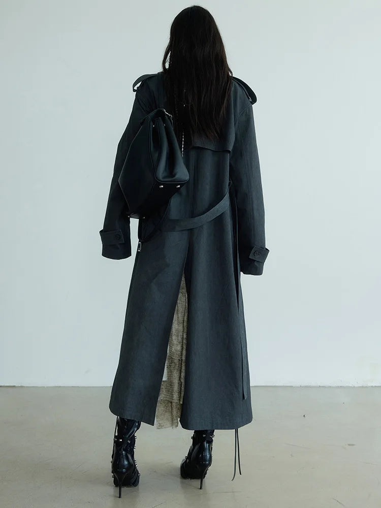 Women Gray Color-block Big Size Long Trench New Lapel Long Sleeve Windbreaker Fashion Tide Spring Autumn 2025 1DH7076