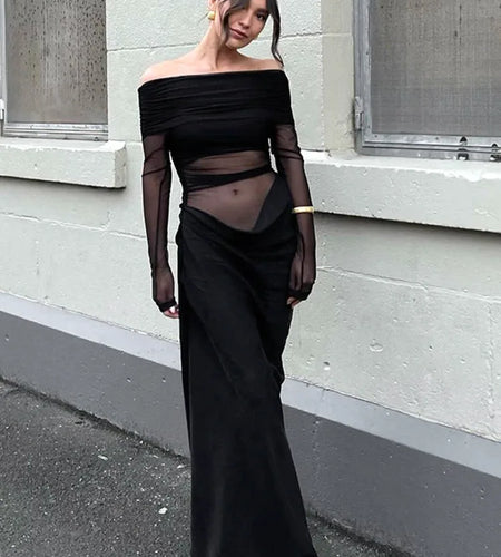 Elegant Mesh Patchwork Satin Long Sleeve Bodycon Party Club Evening Dress Women 2025 Summer Sexy One Shoulder Vestido