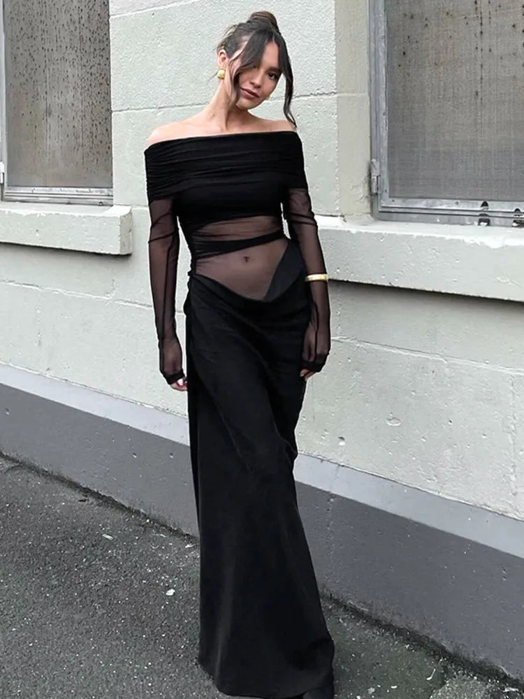 Elegant Mesh Patchwork Satin Long Sleeve Bodycon Party Club Evening Dress Women 2025 Summer Sexy One Shoulder Vestido