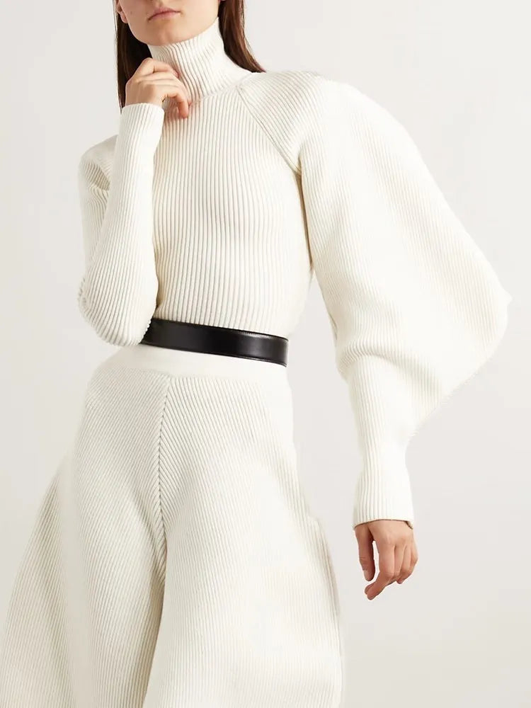 Solid Knitting Minimalist Sweater For Women Turtleneck Lantern Sleeve Slimming Temperament Sweaters Female Fashion Style