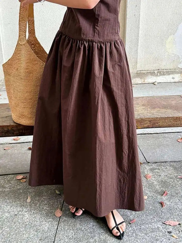 Women Coffee Color-block Elegant Long Vest Dress New Round Neck Sleeveless Fashion Tide Spring Summer 2025 1DJ0743