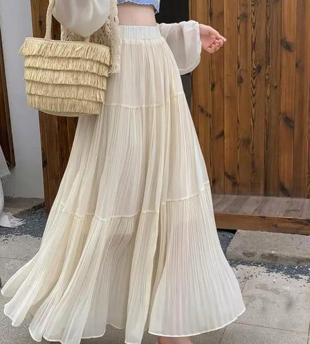 Spring Summer Vintage New Solid Elegant Pleated A-line Long Skirts Women High Waist Vacation Party Half Skirt Ladies Streetwear