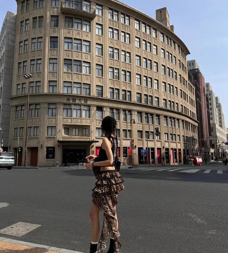 Vintage Brown Leopard Print Pleated Short Skirt Women Sexy Club Irregular Ruffle Cake Mini Skirts Summer Y2k Streetwear Fashion