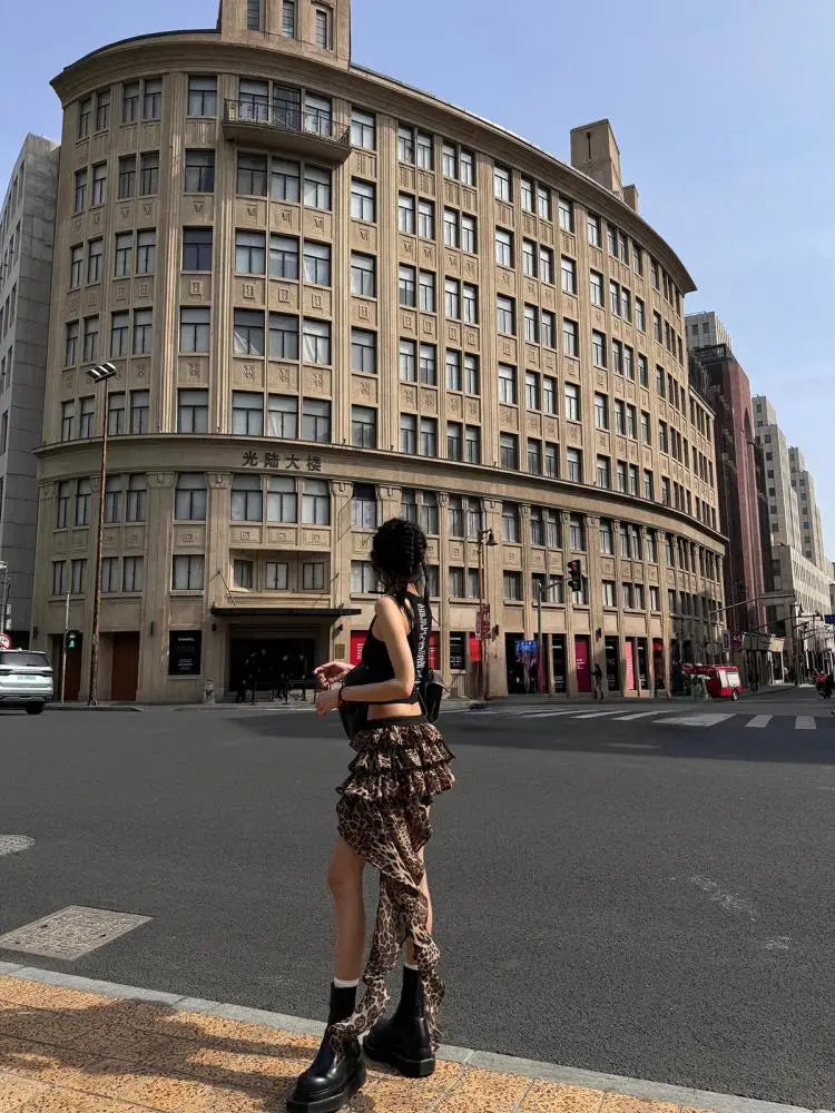 Vintage Brown Leopard Print Pleated Short Skirt Women Sexy Club Irregular Ruffle Cake Mini Skirts Summer Y2k Streetwear Fashion